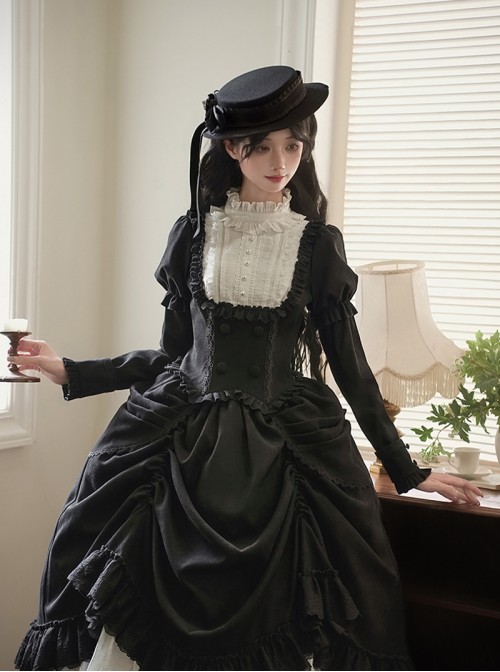 Fog City Jet Lag Series Elegant Lace Stand Collar Pearl Retro Puff Juliet Sleeves Covered Fabric Buttons Ruffle Classic Lolita Long Sleeve Top