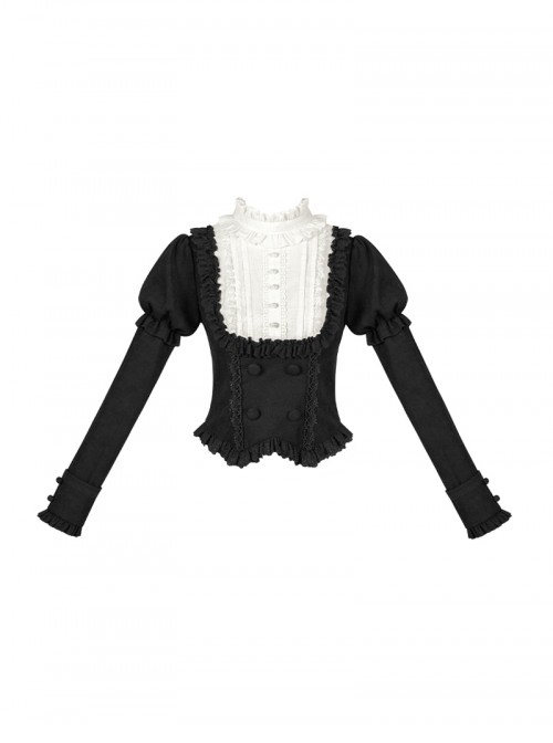 Fog City Jet Lag Series Elegant Lace Stand Collar Pearl Retro Puff Juliet Sleeves Covered Fabric Buttons Ruffle Classic Lolita Long Sleeve Top