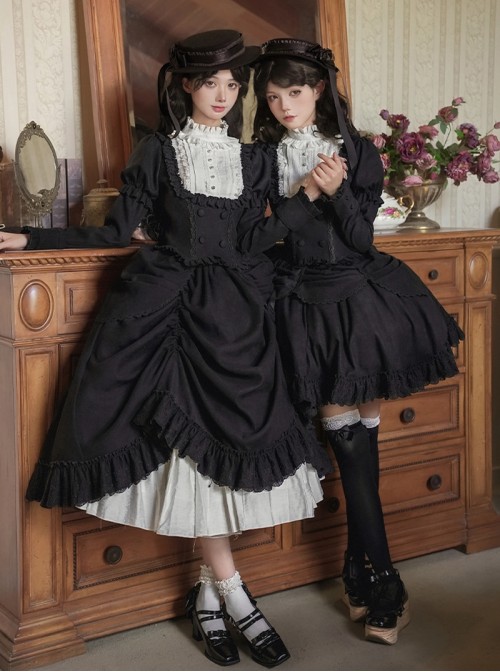 Fog City Jet Lag Series Elegant Lace Stand Collar Pearl Retro Puff Juliet Sleeves Covered Fabric Buttons Ruffle Classic Lolita Long Sleeve Top