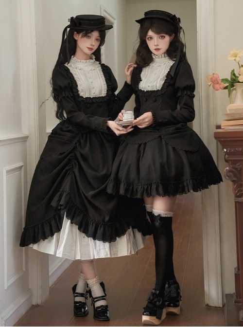 Fog City Jet Lag Series Elegant Lace Stand Collar Pearl Retro Puff Juliet Sleeves Covered Fabric Buttons Ruffle Classic Lolita Long Sleeve Top