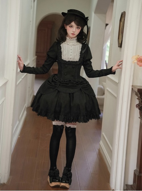 Fog City Jet Lag Series Black Elegant Simple Multi-Layered Lace Curtain Style Ruffle Hem Classic Lolita Skirt