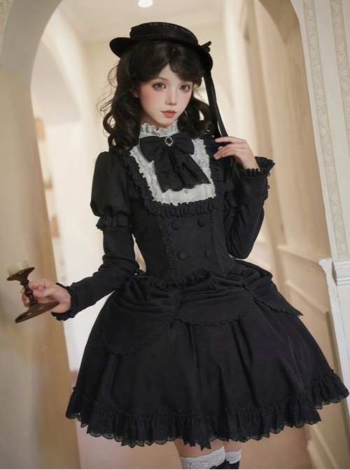 Fog City Jet Lag Series Black Elegant Simple Multi-Layered Lace Curtain Style Ruffle Hem Classic Lolita Skirt