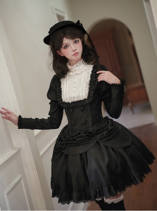 Fog City Jet Lag Series Black Elegant Simple Multi-Layered Lace Curtain Style Ruffle Hem Classic Lolita Skirt