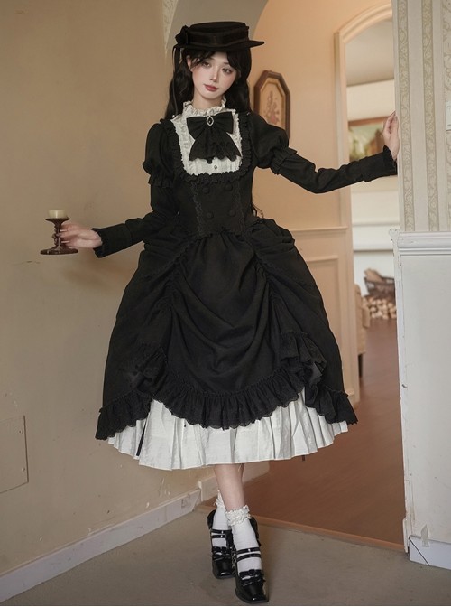 Fog City Jet Lag Series Elegant Black Simple Multi-Layer Lace White Contrast Color Ruffle Pull Up Hem Classic Lolita Long Skirt