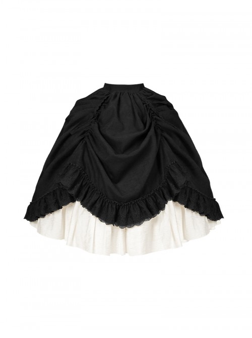 Fog City Jet Lag Series Elegant Black Simple Multi-Layer Lace White Contrast Color Ruffle Pull Up Hem Classic Lolita Long Skirt