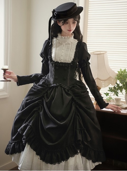 Fog City Jet Lag Series Elegant Black Simple Multi-Layer Lace White Contrast Color Ruffle Pull Up Hem Classic Lolita Long Skirt