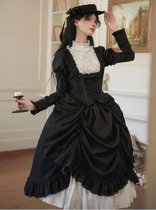 Fog City Jet Lag Series Elegant Black Simple Multi-Layer Lace White Contrast Color Ruffle Pull Up Hem Classic Lolita Long Skirt