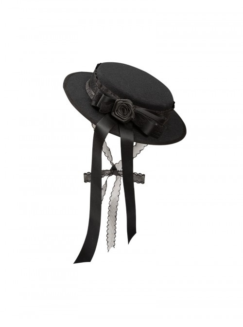 Fog City Jet Lag Series Black Retro Elegant Exquisite Lace Bowknot Rose Ribbon Lace Binding Band Classic Lolita Flat Hat