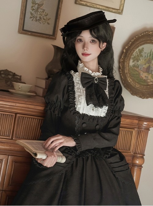 Fog City Jet Lag Series Black Retro Elegant Exquisite Lace Bowknot Rose Ribbon Lace Binding Band Classic Lolita Flat Hat