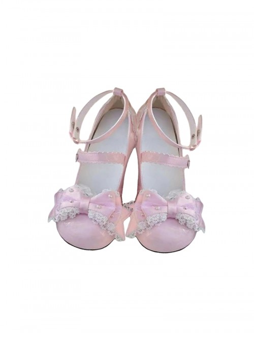 Tea Party Series Versatile Round Toe Lace Bowknot Pearl Embellishment Sweet Lolita Low Heel Shoes