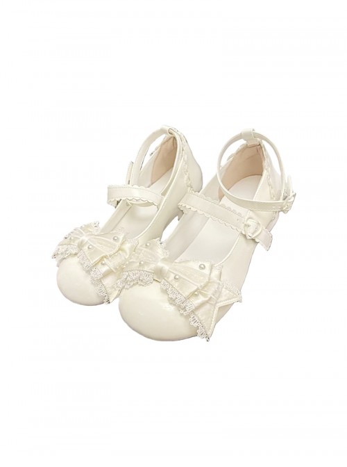 Tea Party Series Versatile Round Toe Lace Bowknot Pearl Embellishment Sweet Lolita Low Heel Shoes