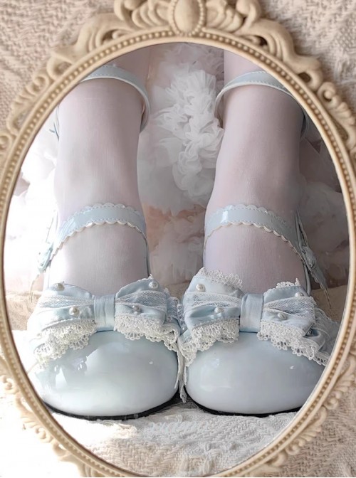 Tea Party Series Versatile Round Toe Lace Bowknot Pearl Embellishment Sweet Lolita Low Heel Shoes