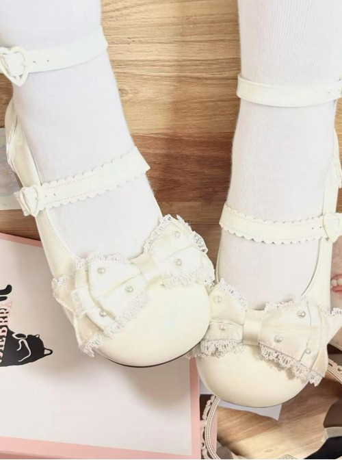 Tea Party Series Versatile Round Toe Lace Bowknot Pearl Embellishment Sweet Lolita Low Heel Shoes