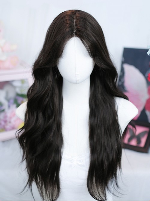Elegant Black Natural  Mid Split Short Bangs Attractive Long Wavy Curly Hair Lace Style Classic Lolita Wig