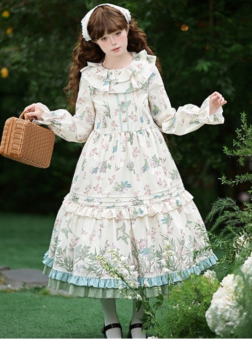 Pink Green Fresh Pastoral Style Ruffle Round Neck Flower Puff Sleeves Flower Bird Handle Positioning Print Sweet Lolita Long Sleeved Dress Belt Set