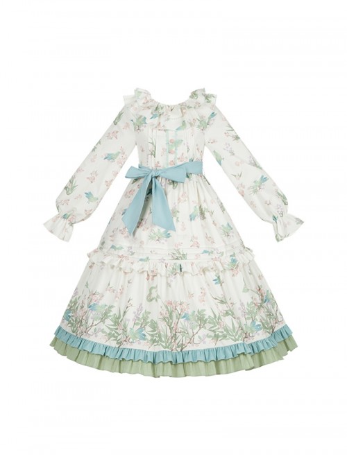 Pink Green Fresh Pastoral Style Ruffle Round Neck Flower Puff Sleeves Flower Bird Handle Positioning Print Sweet Lolita Long Sleeved Dress Belt Set