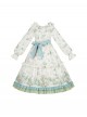 Pink Green Fresh Pastoral Style Ruffle Round Neck Flower Puff Sleeves Flower Bird Handle Positioning Print Sweet Lolita Long Sleeved Dress Belt Set
