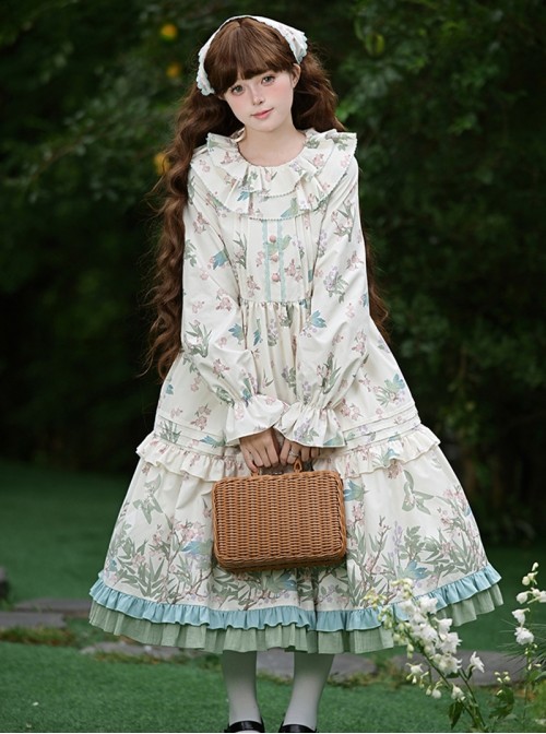 Pink Green Fresh Pastoral Style Ruffle Round Neck Flower Puff Sleeves Flower Bird Handle Positioning Print Sweet Lolita Long Sleeved Dress Belt Set