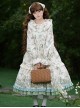 Pink Green Fresh Pastoral Style Ruffle Round Neck Flower Puff Sleeves Flower Bird Handle Positioning Print Sweet Lolita Long Sleeved Dress Belt Set