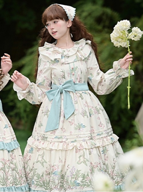 Pink Green Fresh Pastoral Style Ruffle Round Neck Flower Puff Sleeves Flower Bird Handle Positioning Print Sweet Lolita Long Sleeved Dress Belt Set