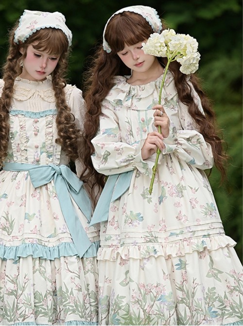 Pink Green Fresh Pastoral Style Ruffle Round Neck Flower Puff Sleeves Flower Bird Handle Positioning Print Sweet Lolita Long Sleeved Dress Belt Set