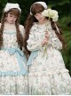 Pink Green Fresh Pastoral Style Ruffle Round Neck Flower Puff Sleeves Flower Bird Handle Positioning Print Sweet Lolita Long Sleeved Dress Belt Set