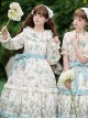Pink Green Fresh Pastoral Style Ruffle Round Neck Flower Puff Sleeves Flower Bird Handle Positioning Print Sweet Lolita Long Sleeved Dress Belt Set
