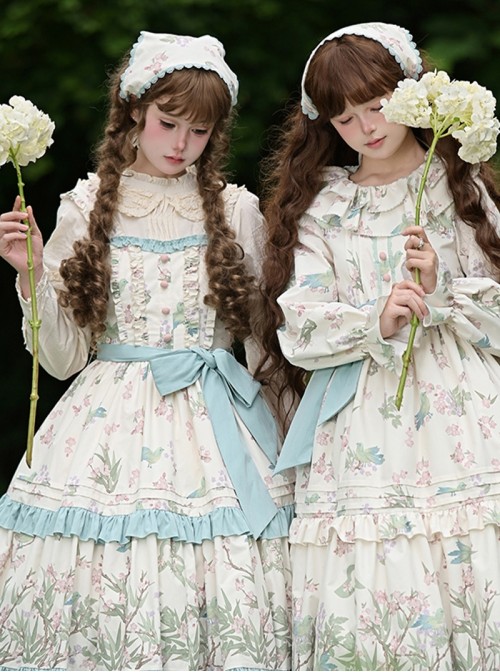 Fresh Pastoral Pink Green Flower Bird Pattern Print Edge Clip Ribbon Sweet Lolita Triangle Scarf