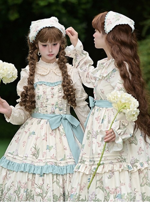Fresh Pastoral Pink Green Flower Bird Pattern Print Edge Clip Ribbon Sweet Lolita Triangle Scarf