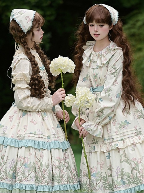 Fresh Pastoral Pink Green Flower Bird Pattern Print Edge Clip Ribbon Sweet Lolita Triangle Scarf