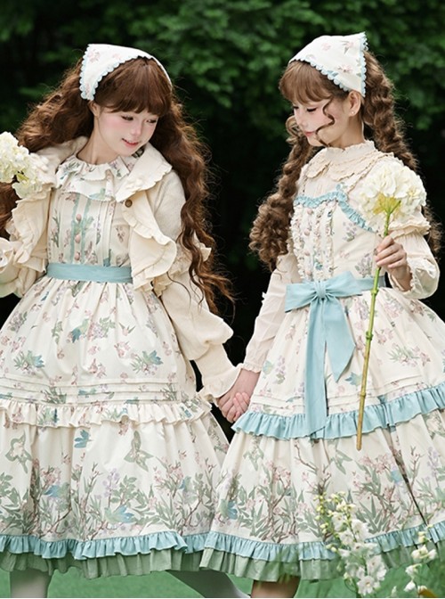 Fresh Pastoral Pink Green Flower Bird Pattern Print Edge Clip Ribbon Sweet Lolita Triangle Scarf