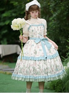 Fresh Pastoral Style Pink Green Flower Bird Handle Positioning Print Wood Ear Edge Cloth Buckle Sweet Lolita Sleeveless Dress Belt Set