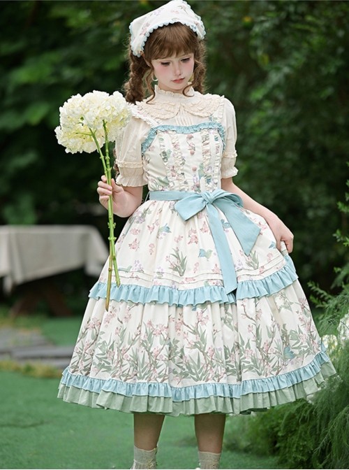 Fresh Pastoral Style Pink Green Flower Bird Handle Positioning Print Wood Ear Edge Cloth Buckle Sweet Lolita Sleeveless Dress Belt Set