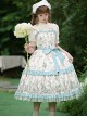 Fresh Pastoral Style Pink Green Flower Bird Handle Positioning Print Wood Ear Edge Cloth Buckle Sweet Lolita Sleeveless Dress Belt Set