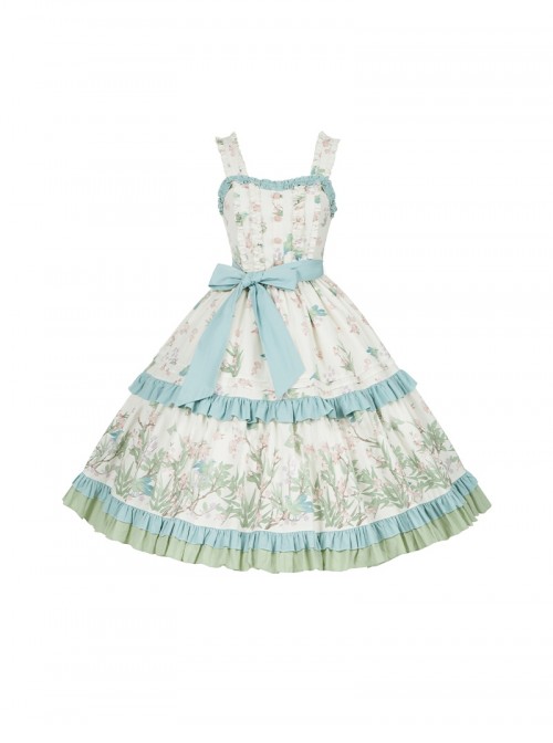Fresh Pastoral Style Pink Green Flower Bird Handle Positioning Print Wood Ear Edge Cloth Buckle Sweet Lolita Sleeveless Dress Belt Set