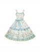 Fresh Pastoral Style Pink Green Flower Bird Handle Positioning Print Wood Ear Edge Cloth Buckle Sweet Lolita Sleeveless Dress Belt Set