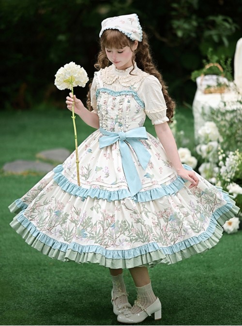 Fresh Pastoral Style Pink Green Flower Bird Handle Positioning Print Wood Ear Edge Cloth Buckle Sweet Lolita Sleeveless Dress Belt Set