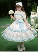 Fresh Pastoral Style Pink Green Flower Bird Handle Positioning Print Wood Ear Edge Cloth Buckle Sweet Lolita Sleeveless Dress Belt Set
