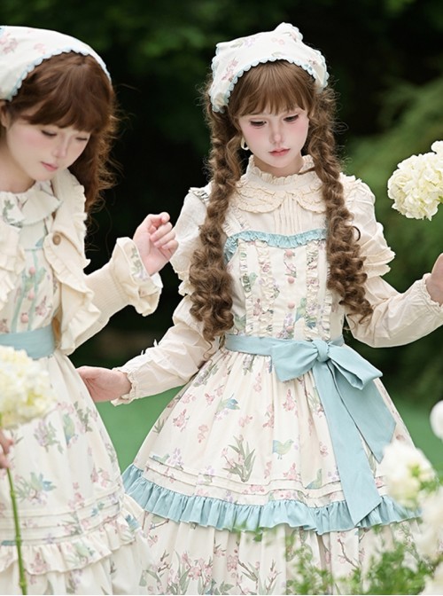 Fresh Pastoral Style Pink Green Flower Bird Handle Positioning Print Wood Ear Edge Cloth Buckle Sweet Lolita Sleeveless Dress Belt Set
