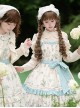 Fresh Pastoral Style Pink Green Flower Bird Handle Positioning Print Wood Ear Edge Cloth Buckle Sweet Lolita Sleeveless Dress Belt Set