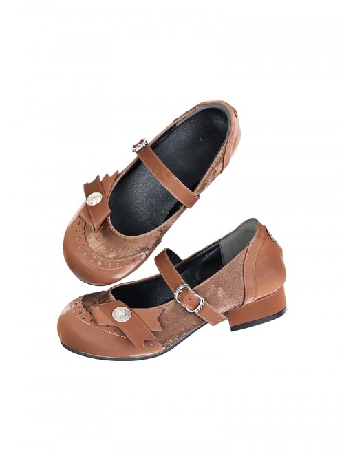Round Bowknot Series Exquisite Cute Button Design Bowknot Decoration French Round Toe Thick Heel Sweet Lolita Low Heel Leather Shoes