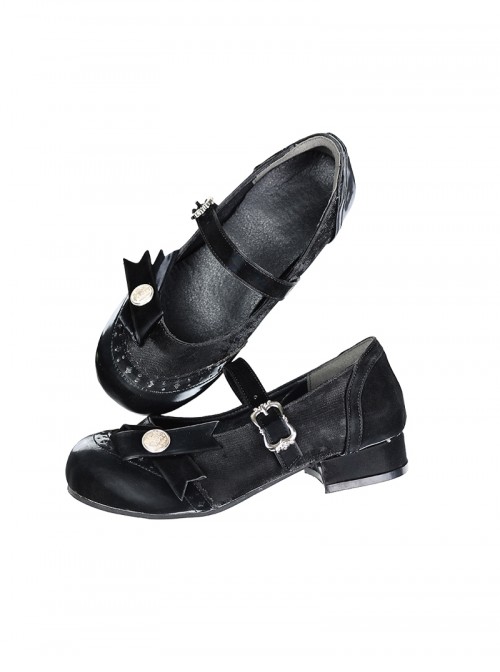 Round Bowknot Series Exquisite Cute Button Design Bowknot Decoration French Round Toe Thick Heel Sweet Lolita Low Heel Leather Shoes