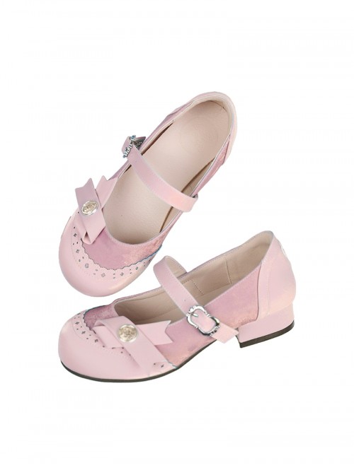 Round Bowknot Series Exquisite Cute Button Design Bowknot Decoration French Round Toe Thick Heel Sweet Lolita Low Heel Leather Shoes