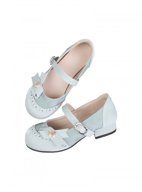 Round Bowknot Series Exquisite Cute Button Design Bowknot Decoration French Round Toe Thick Heel Sweet Lolita Low Heel Leather Shoes