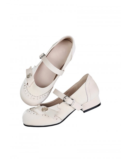 Round Bowknot Series Exquisite Cute Button Design Bowknot Decoration French Round Toe Thick Heel Sweet Lolita Low Heel Leather Shoes