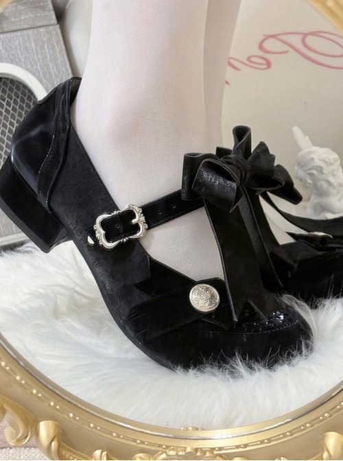 Round Bowknot Series Exquisite Cute Button Design Bowknot Decoration French Round Toe Thick Heel Sweet Lolita Low Heel Leather Shoes