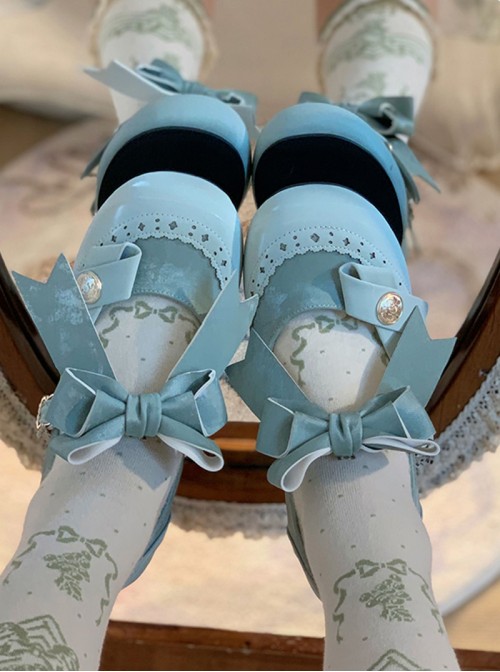 Round Bowknot Series Exquisite Cute Button Design Bowknot Decoration French Round Toe Thick Heel Sweet Lolita Low Heel Leather Shoes