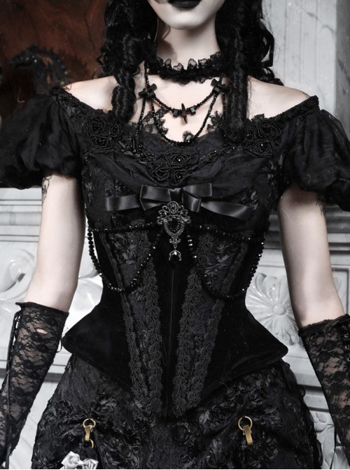 Love Magic Box Series Black Velvet Bead Chain Floral Lace Fishbone Corset Halloween Gothic Waistband