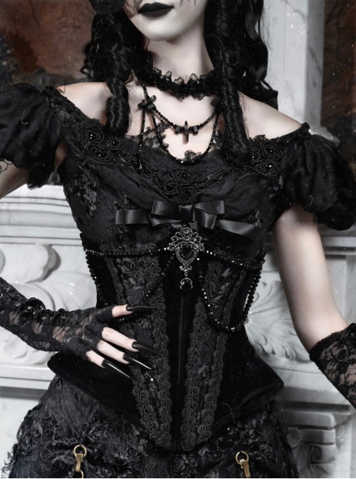 Love Magic Box Series Black Velvet Bead Chain Floral Lace Fishbone Corset Halloween Gothic Waistband