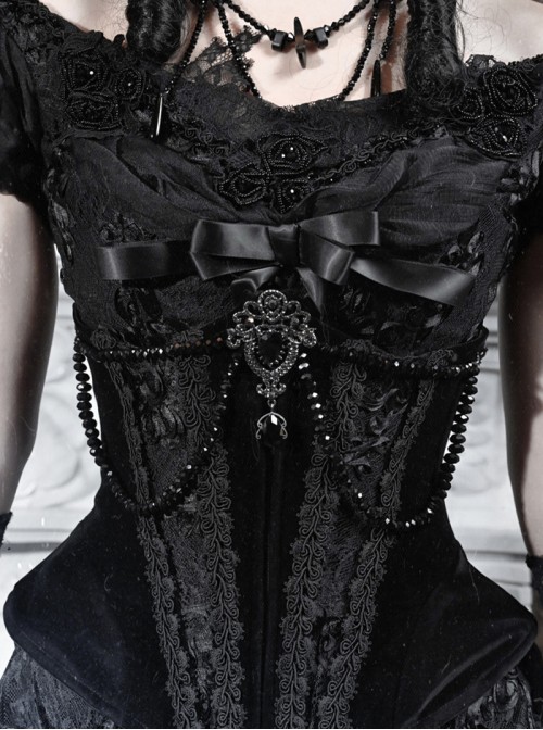Love Magic Box Series Black Velvet Bead Chain Floral Lace Fishbone Corset Halloween Gothic Waistband